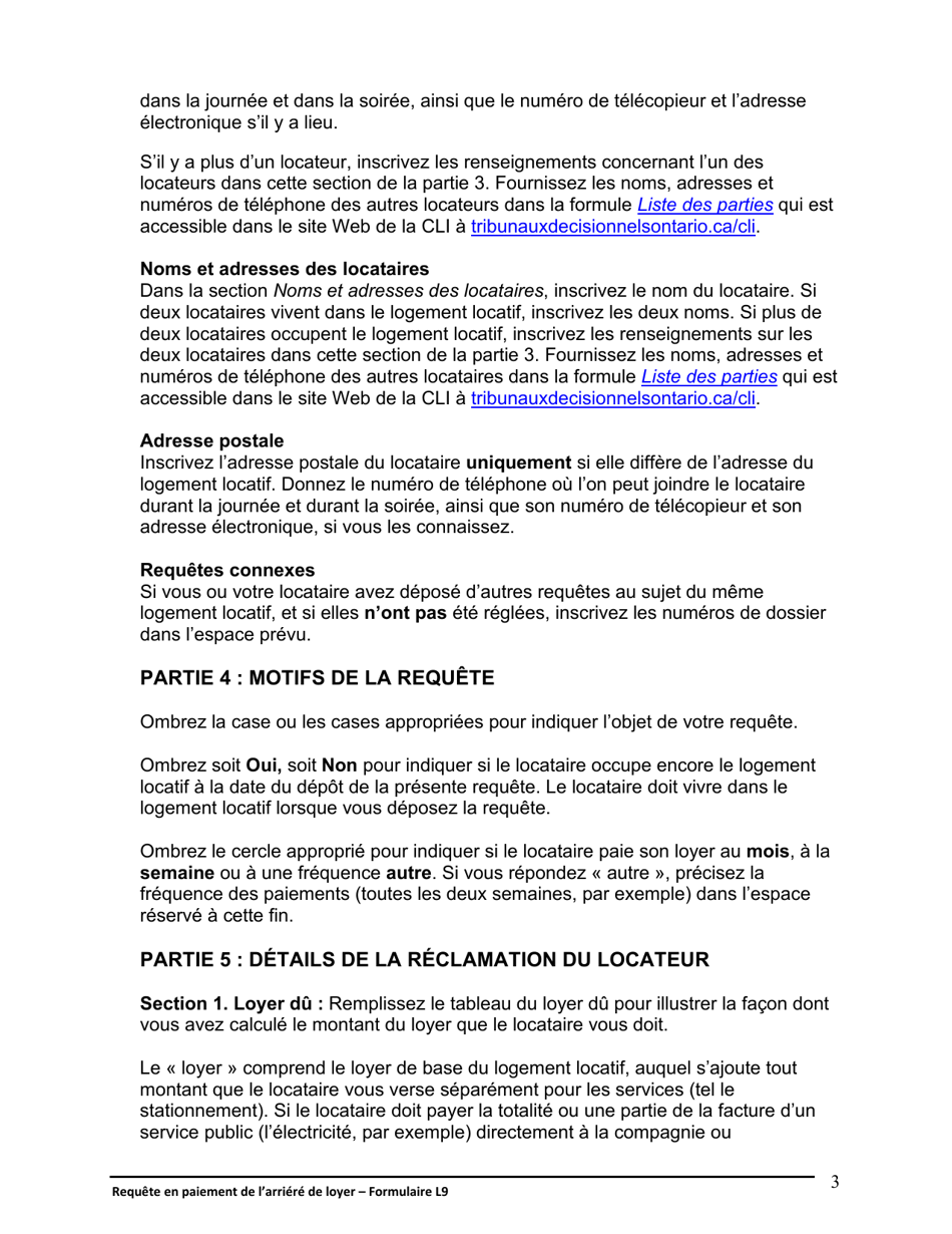 Instruction pour Forme L9 Requete En Paiement De Larriere De Loyer - Ontario, Canada (French), Page 4