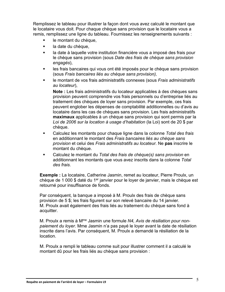 Instruction pour Forme L9 Requete En Paiement De Larriere De Loyer - Ontario, Canada (French), Page 6