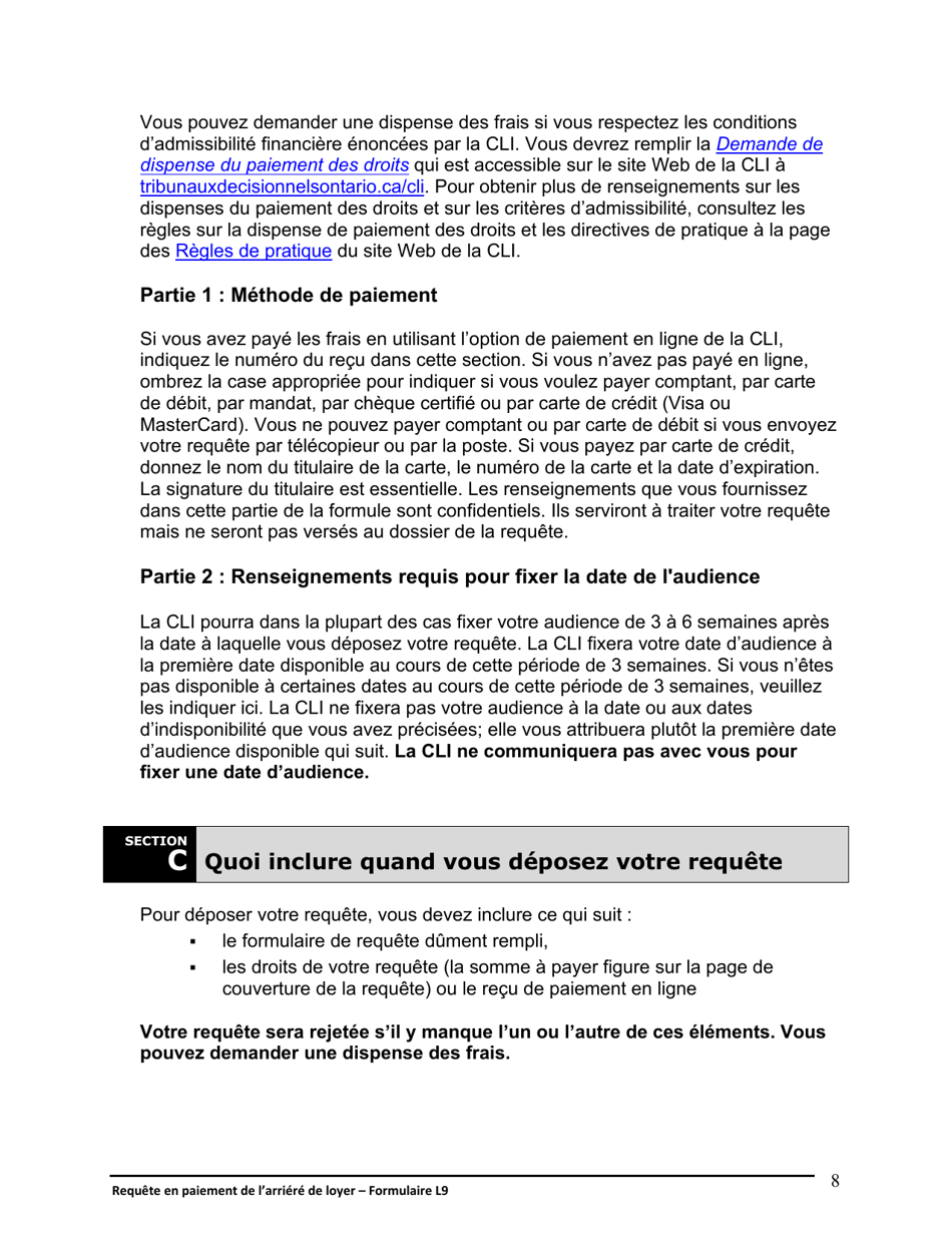 Instruction pour Forme L9 Requete En Paiement De Larriere De Loyer - Ontario, Canada (French), Page 9