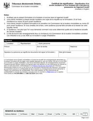 Certificat De Signification - Signification D&#039;un Ancien Locataire Ou D&#039;un Locataire Qui N&#039;est Plus En Possession Du Logement Locatif - Ontario, Canada (French), Page 2