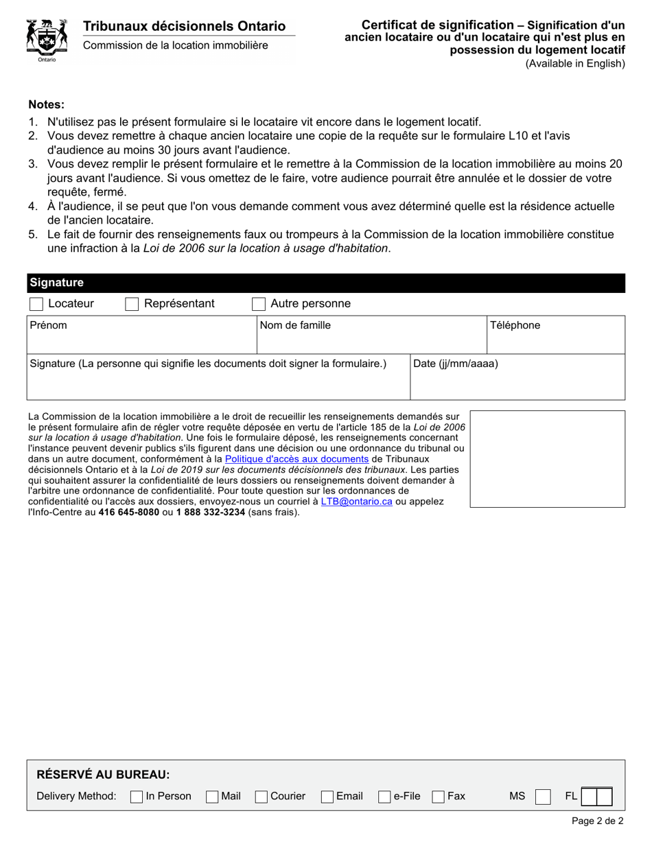 Certificat De Signification - Signification Dun Ancien Locataire Ou Dun Locataire Qui Nest Plus En Possession Du Logement Locatif - Ontario, Canada (French), Page 2