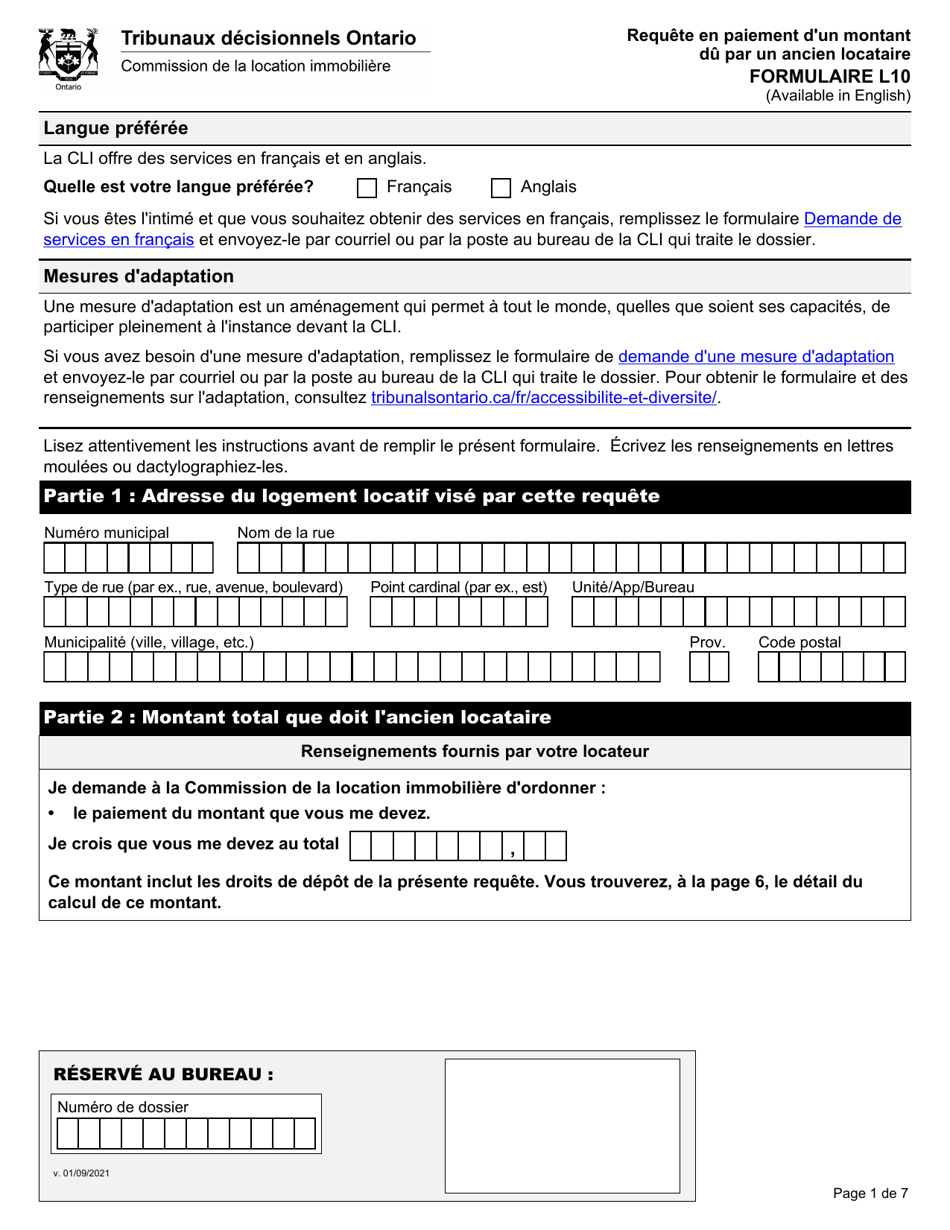 Forme L10 Requete En Paiement Dun Montant Du Par Un Ancien Locataire - Ontario, Canada (French), Page 4