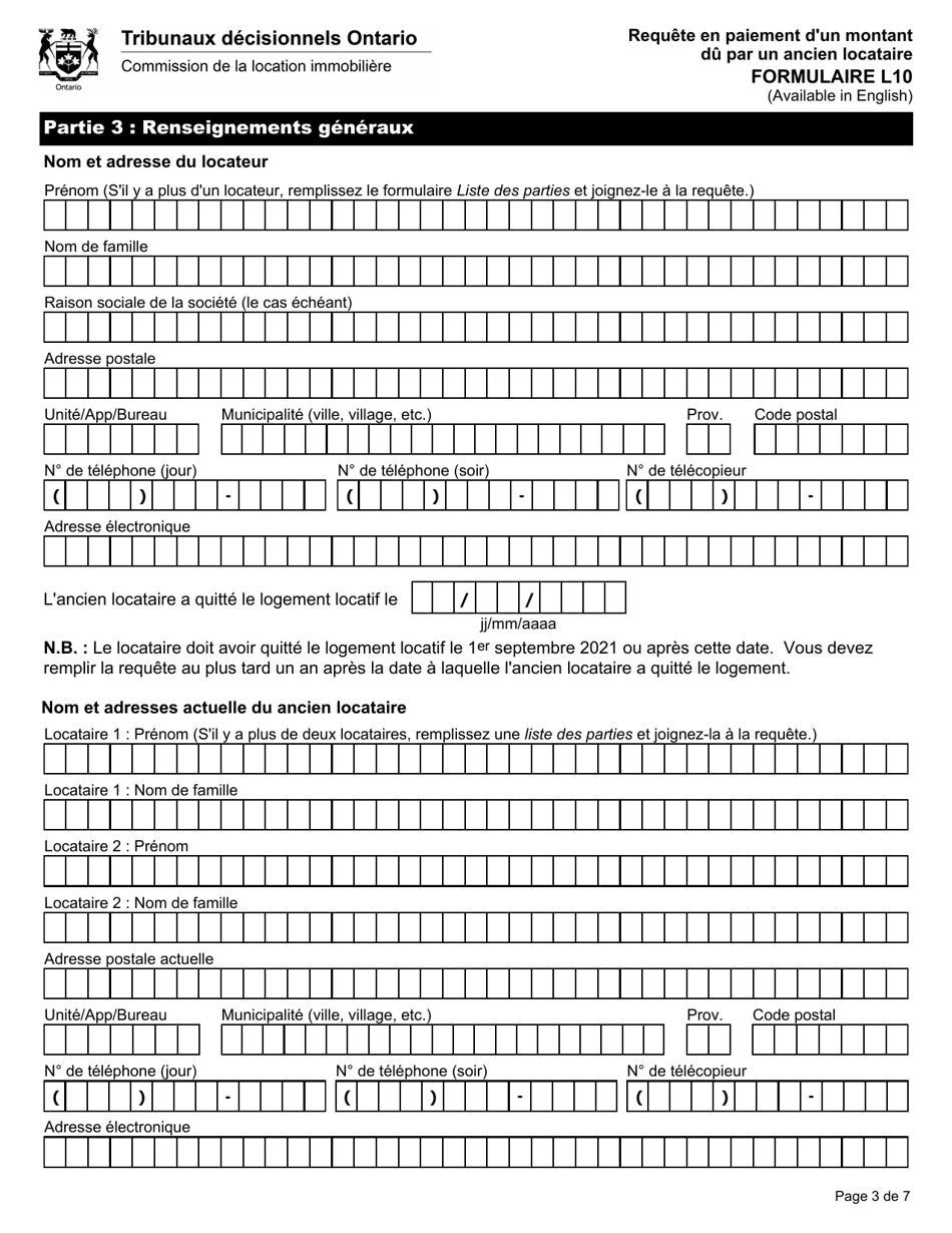 Forme L10 Requete En Paiement Dun Montant Du Par Un Ancien Locataire - Ontario, Canada (French), Page 6