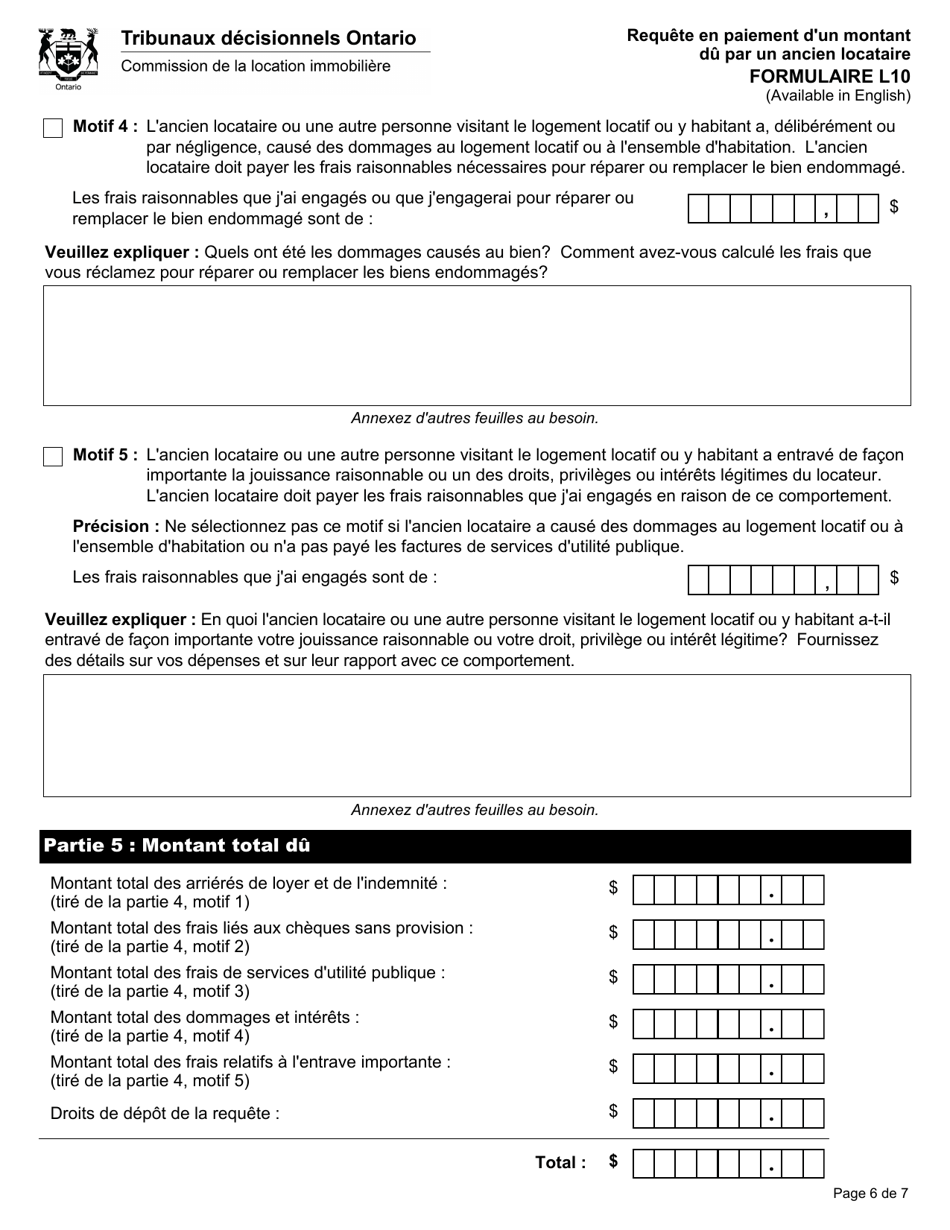Forme L10 Requete En Paiement Dun Montant Du Par Un Ancien Locataire - Ontario, Canada (French), Page 9