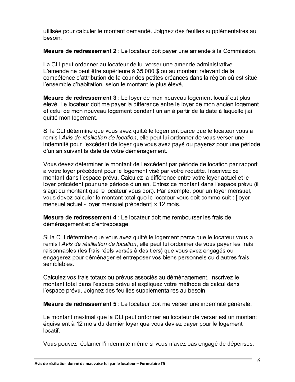Instruction pour Forme T5 Avis De Resiliation Donne De Mauvaise Foi Par Le Locateur - Ontario, Canada (French), Page 7