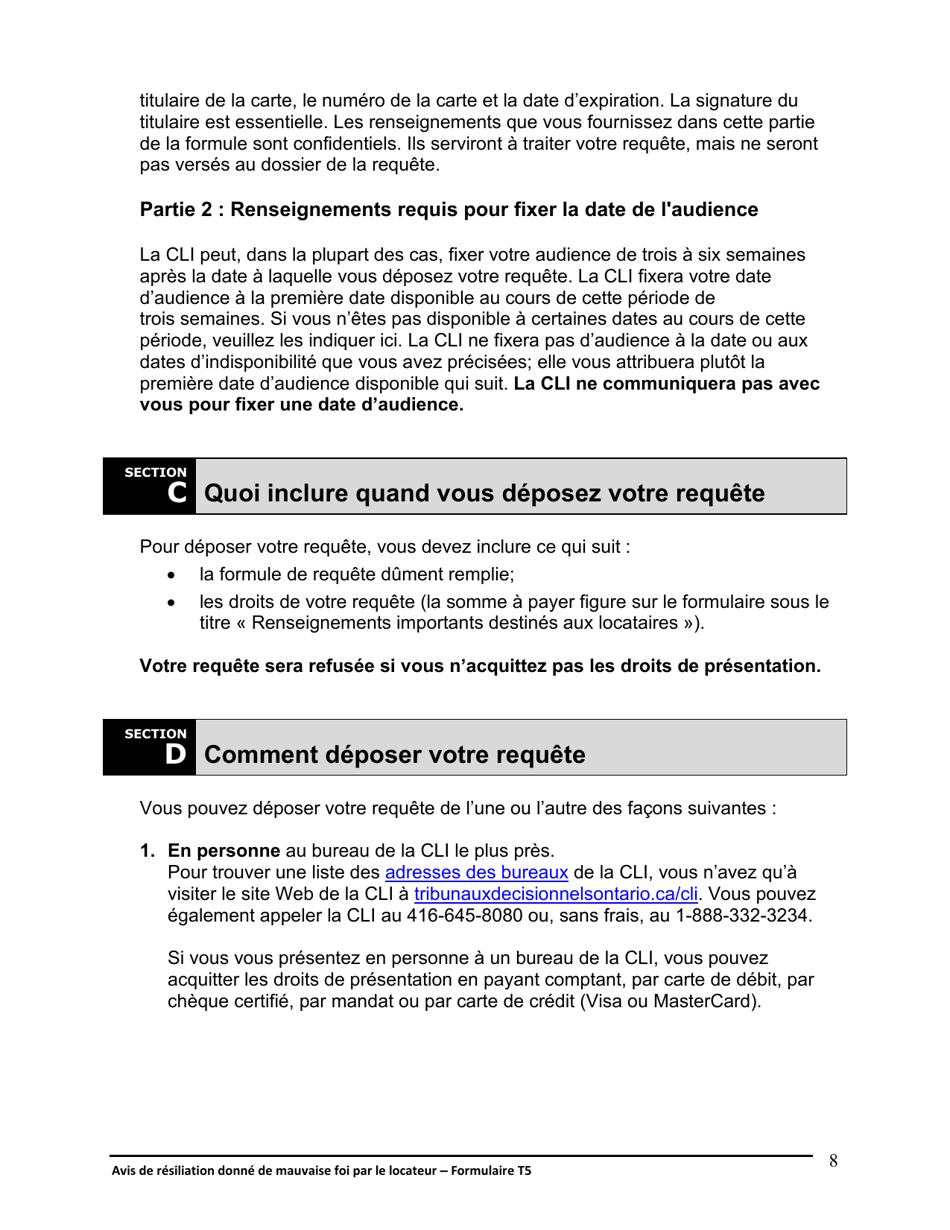 Instruction pour Forme T5 Avis De Resiliation Donne De Mauvaise Foi Par Le Locateur - Ontario, Canada (French), Page 9