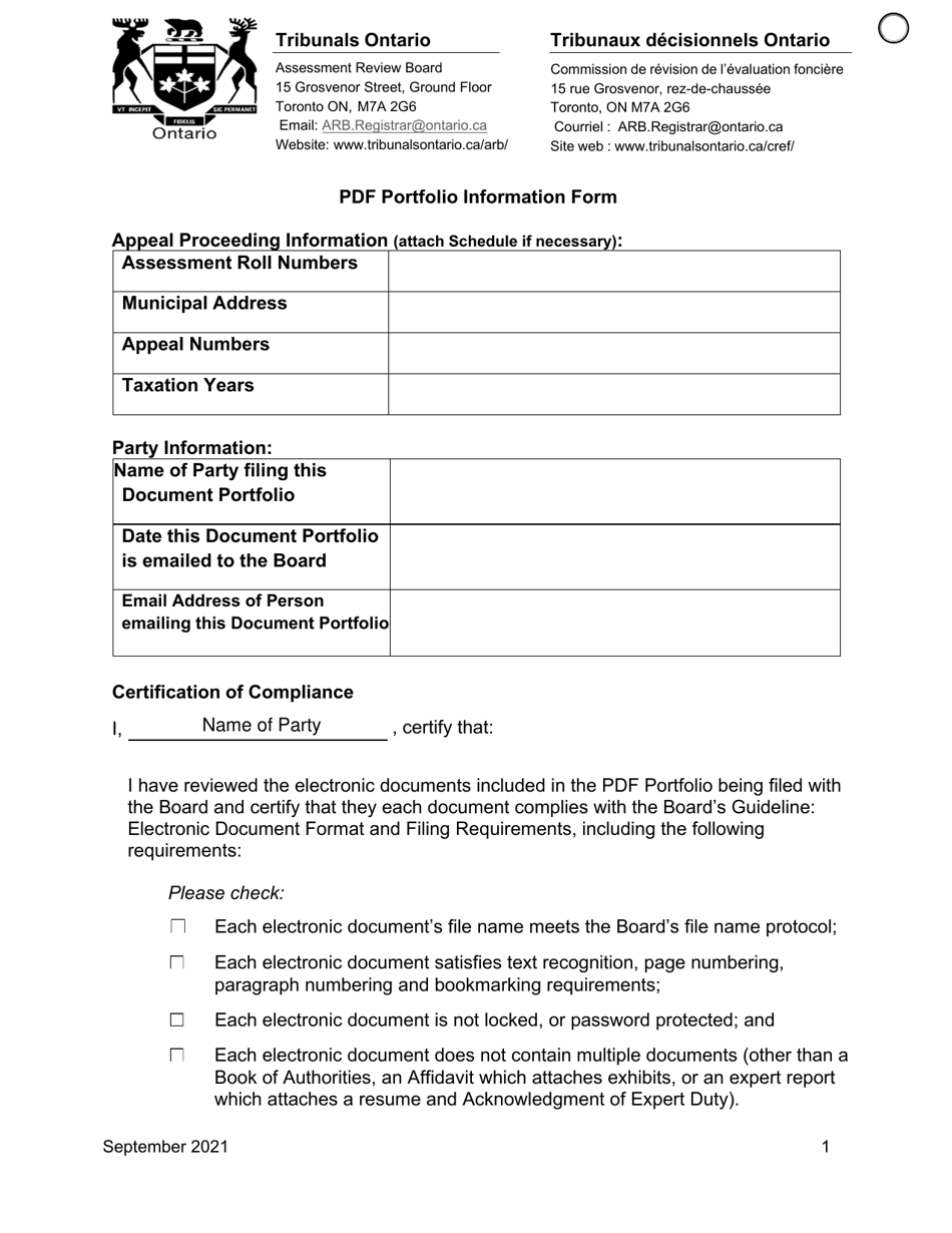 Pdf Portfolio Information Form - Ontario, Canada, Page 1