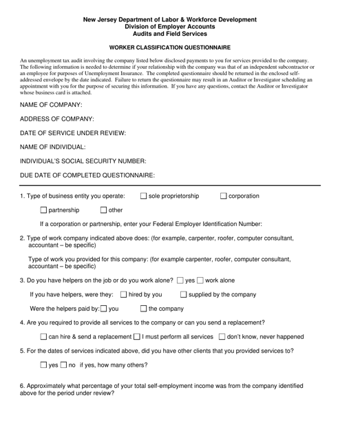 Worker Classification Questionnaire - New Jersey Download Pdf