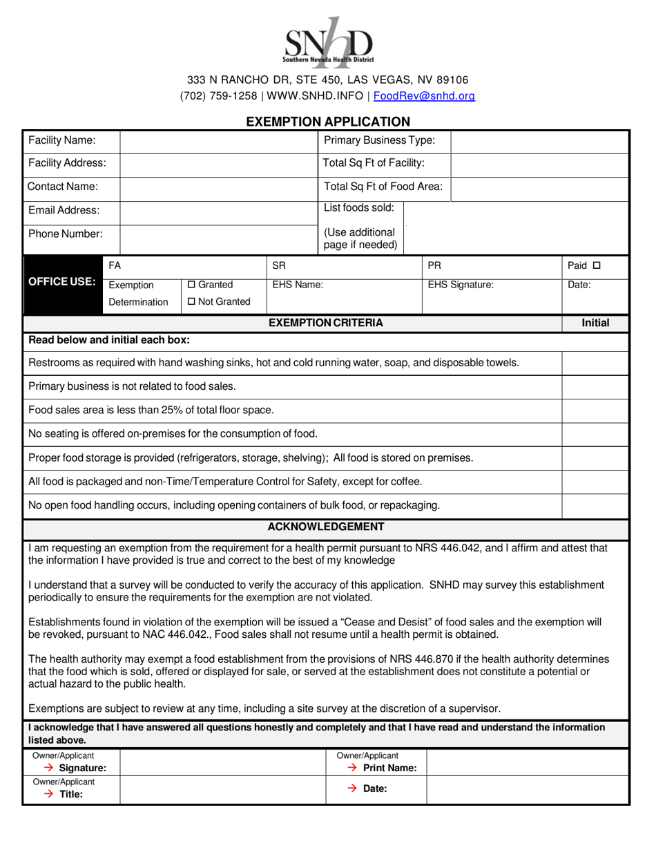 Exemption Application - Nevada, Page 1