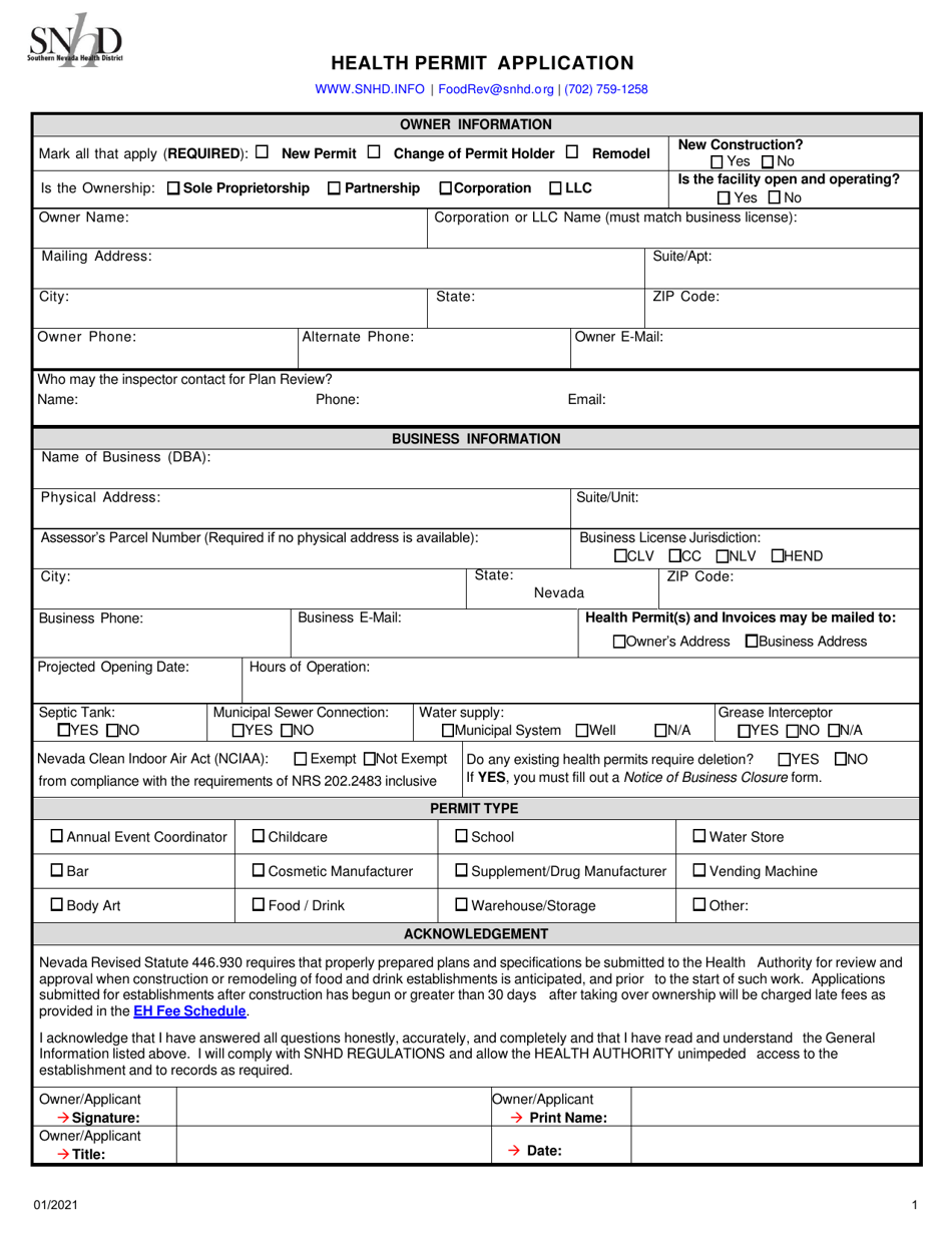 Health Permit Application - Nevada, Page 1