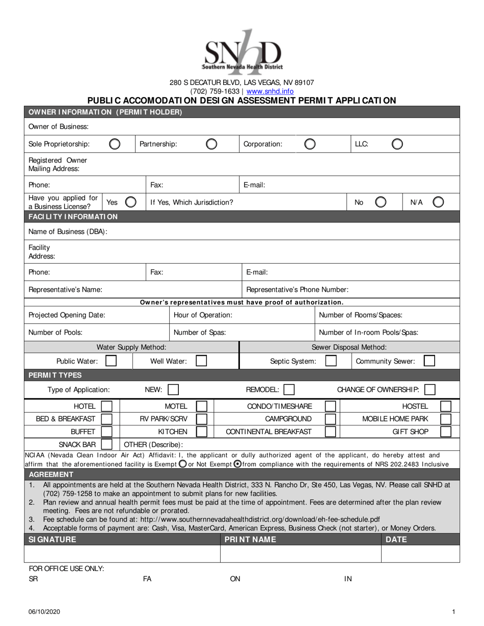 Public Accomodation Design Assessment Permit Application - Nevada, Page 1