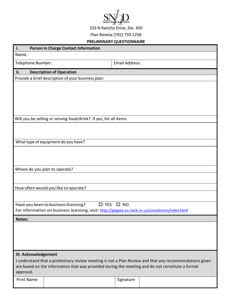 Preliminary Questionnaire - Nevada, Page 1