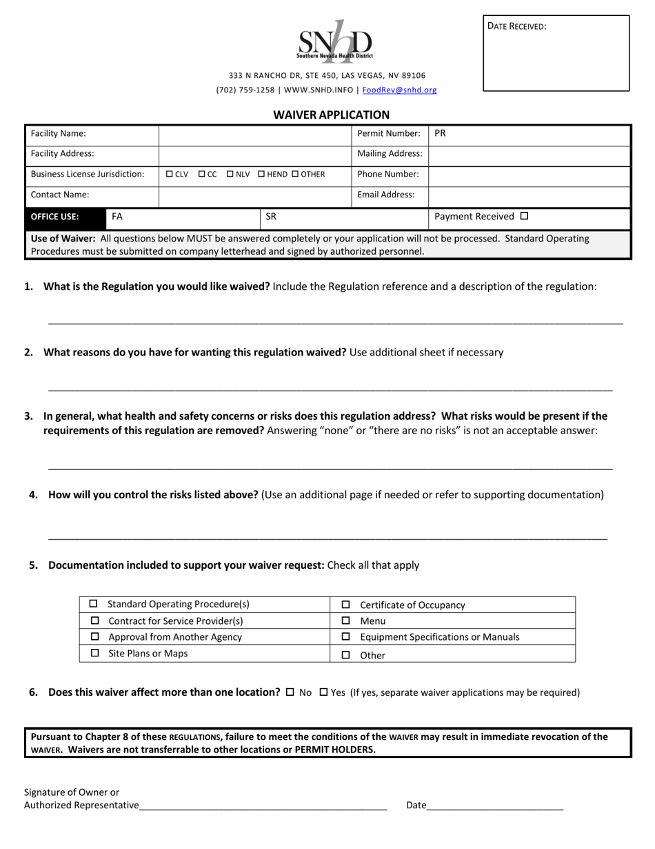 Waiver Application - Nevada, Page 1