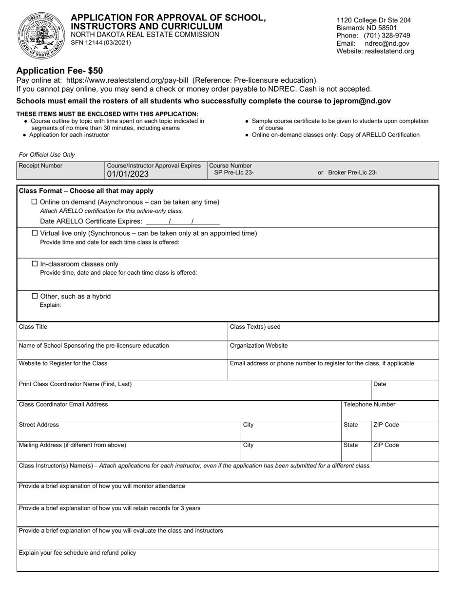 Form SFN12144 Application for Approval of School, Instructors and Curriculum - North Dakota, Page 1