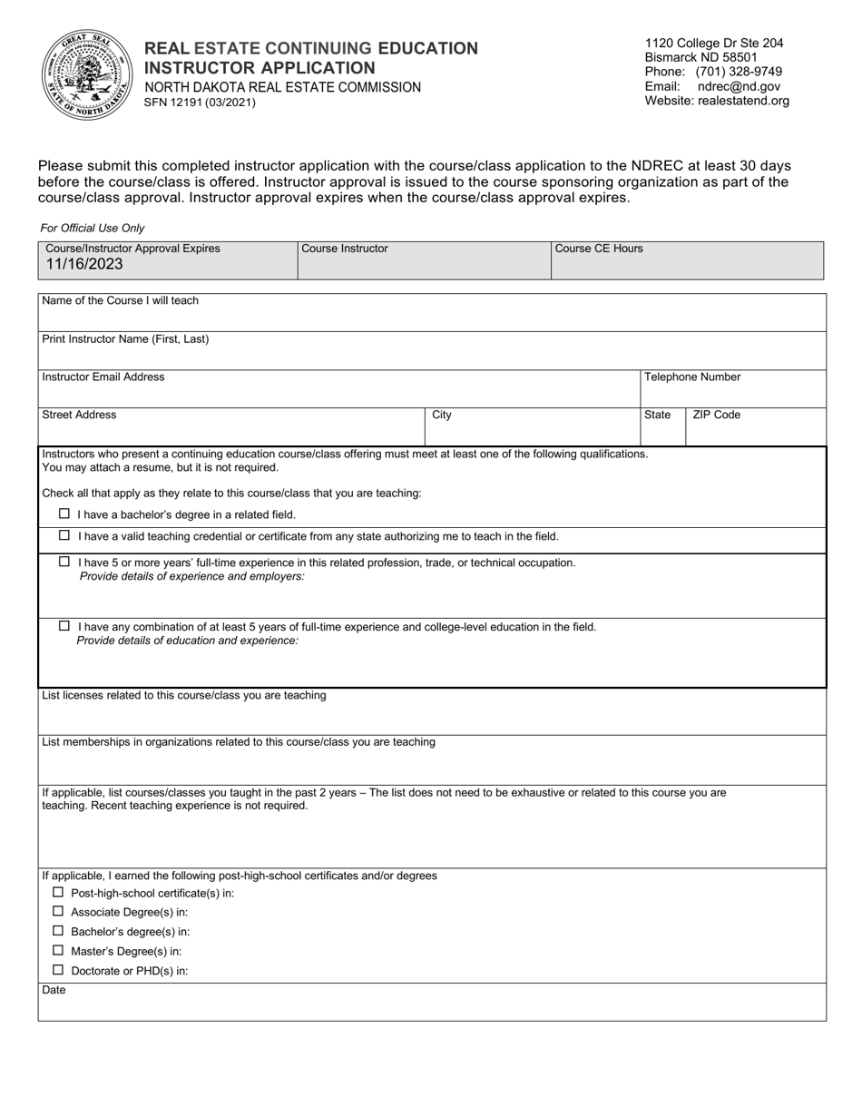 Form SFN12191 Real Estate Continuing Education Instructor Application - North Dakota, Page 1
