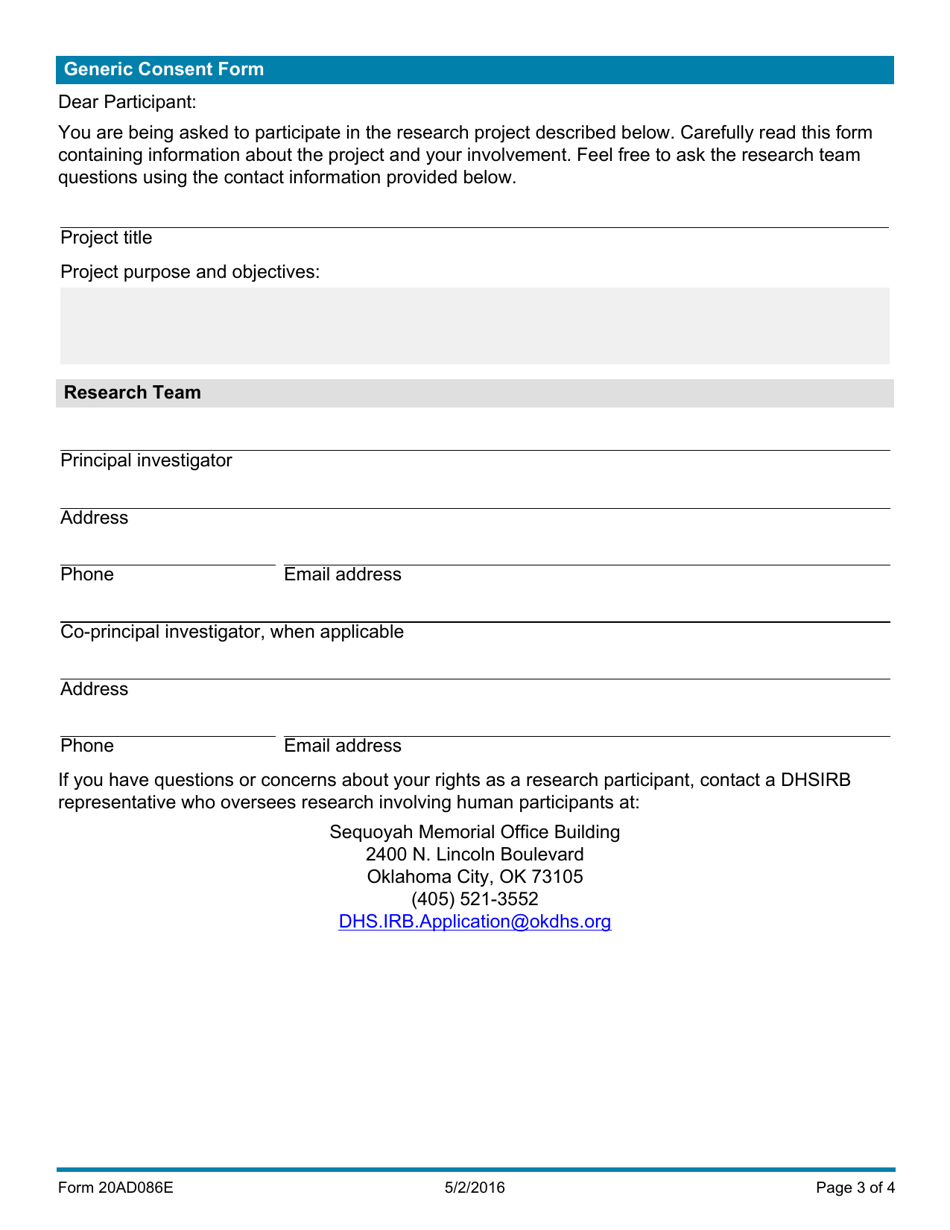 Form 20AD086E Generic Consent Form - Oklahoma, Page 3