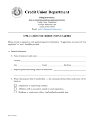 Document preview: Application for Credit Union Charter - Texas