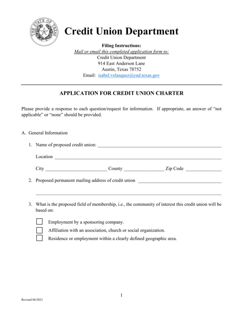 Application for Credit Union Charter - Texas Download Pdf