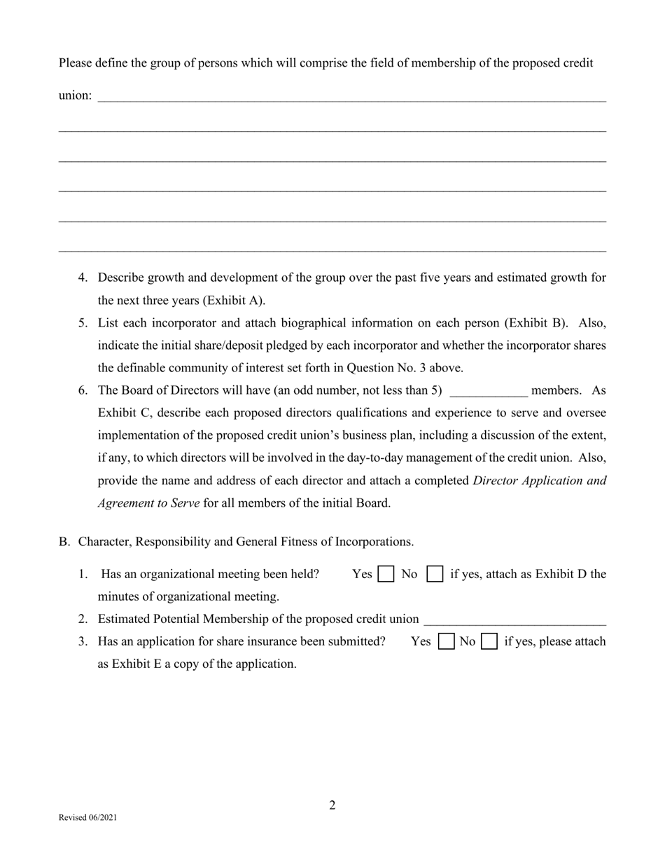 Application for Credit Union Charter - Texas, Page 2