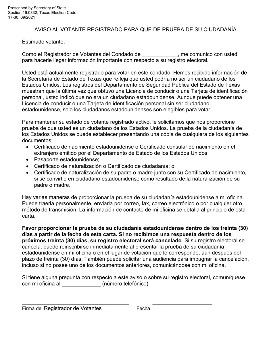 Form 17-30 Notice to Registered Voter for Proof of Citizenship - Texas (English / Spanish), Page 2