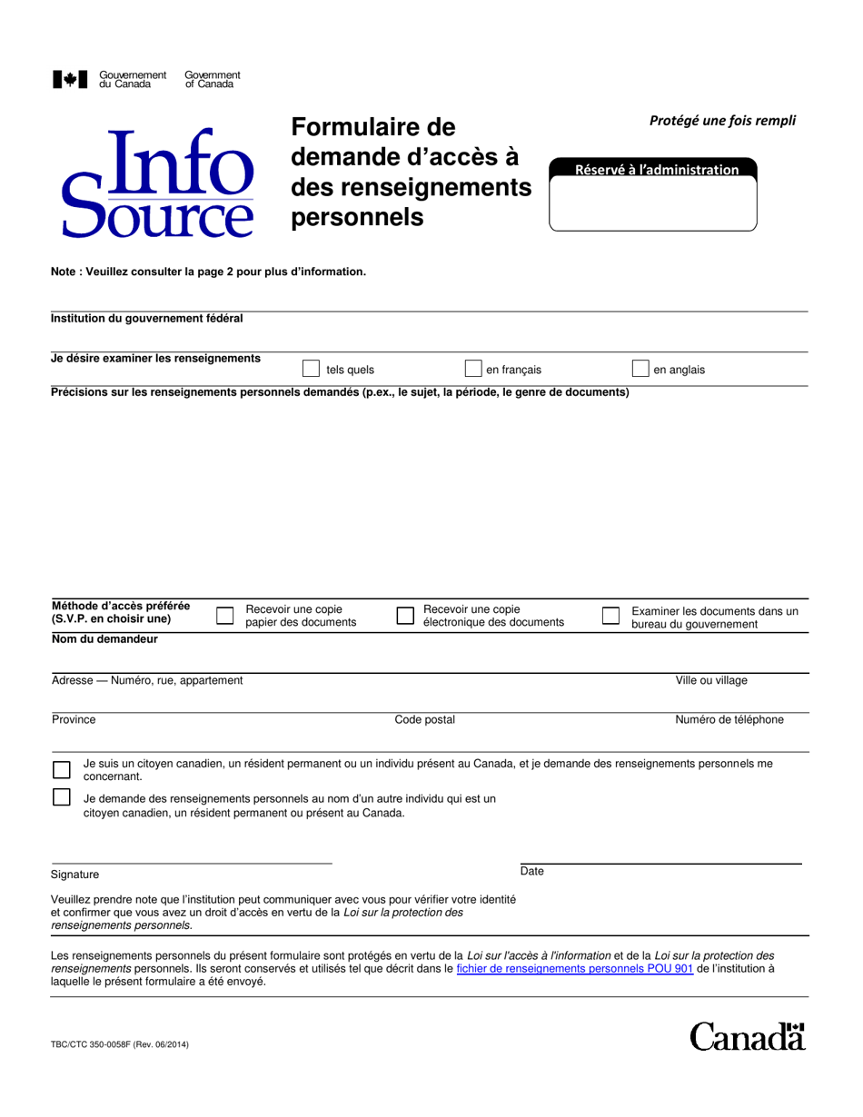 Forme TBC / CTC350-0058F Formulaire De Demande Dacces a DES Renseignements Personnels - Canada (French), Page 1