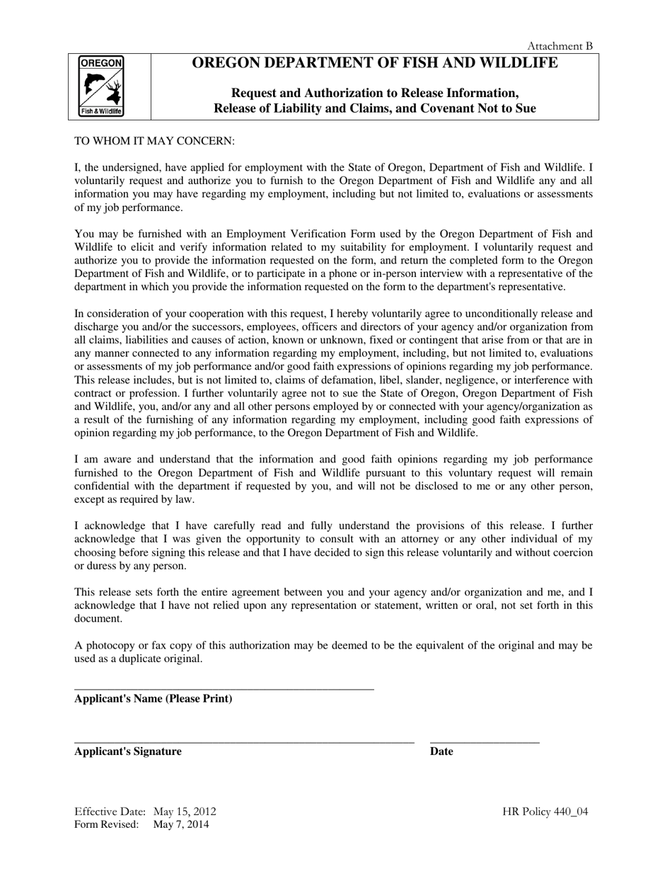 Attachment B Request and Authorization to Release Information, Release of Liability and Claims, and Covenant Not to Sue - Oregon, Page 1