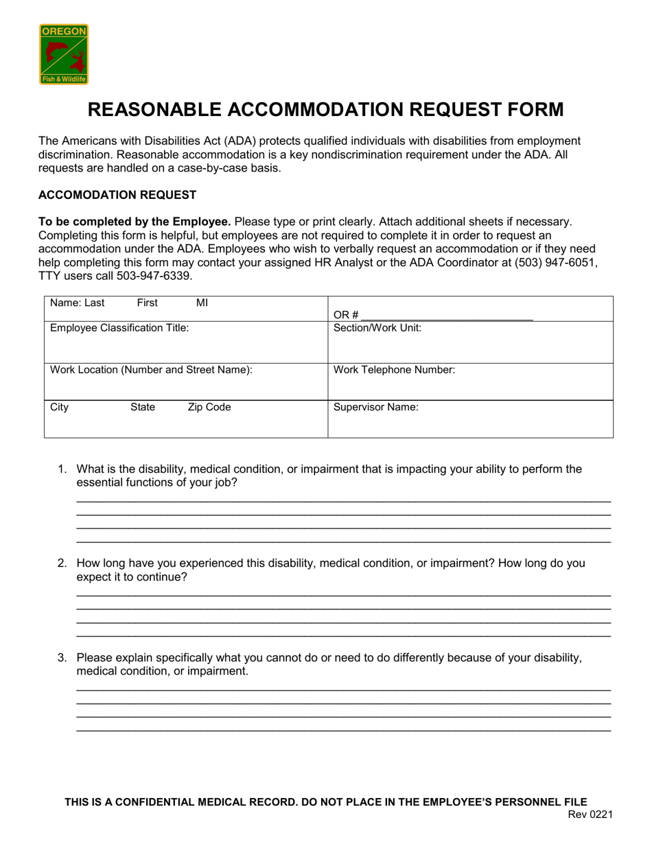 Reasonable Accommodation Request Form - Oregon, Page 1