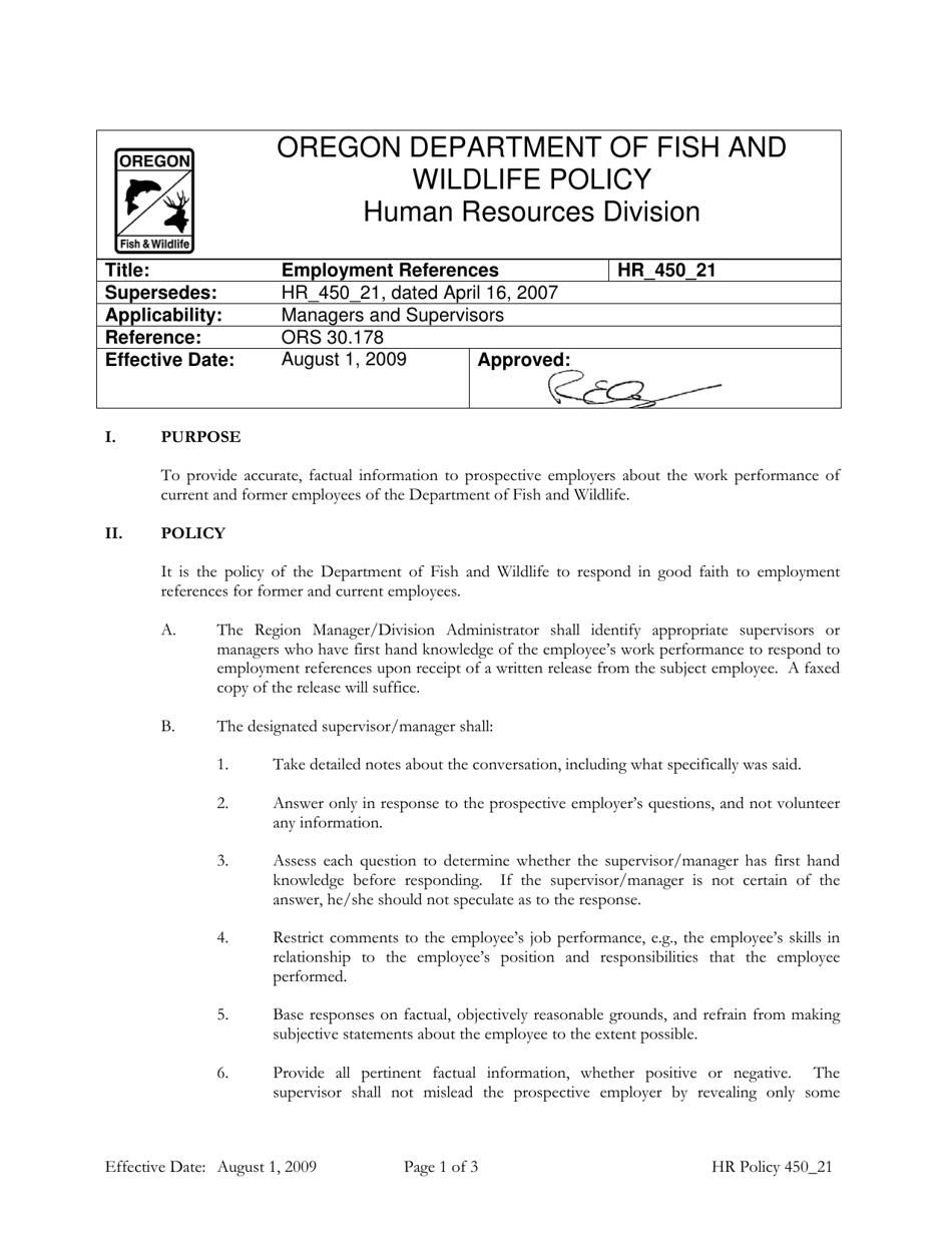Attachment A Reference Authorization and Release of Liability (Odfw Employee or Former Employee) - Oregon, Page 1