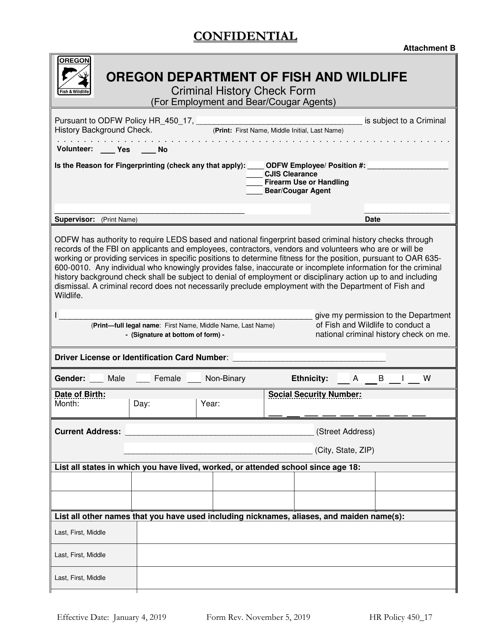 Attachment B Criminal History Check Form (For Employment and Bear/Cougar Agents) - Oregon