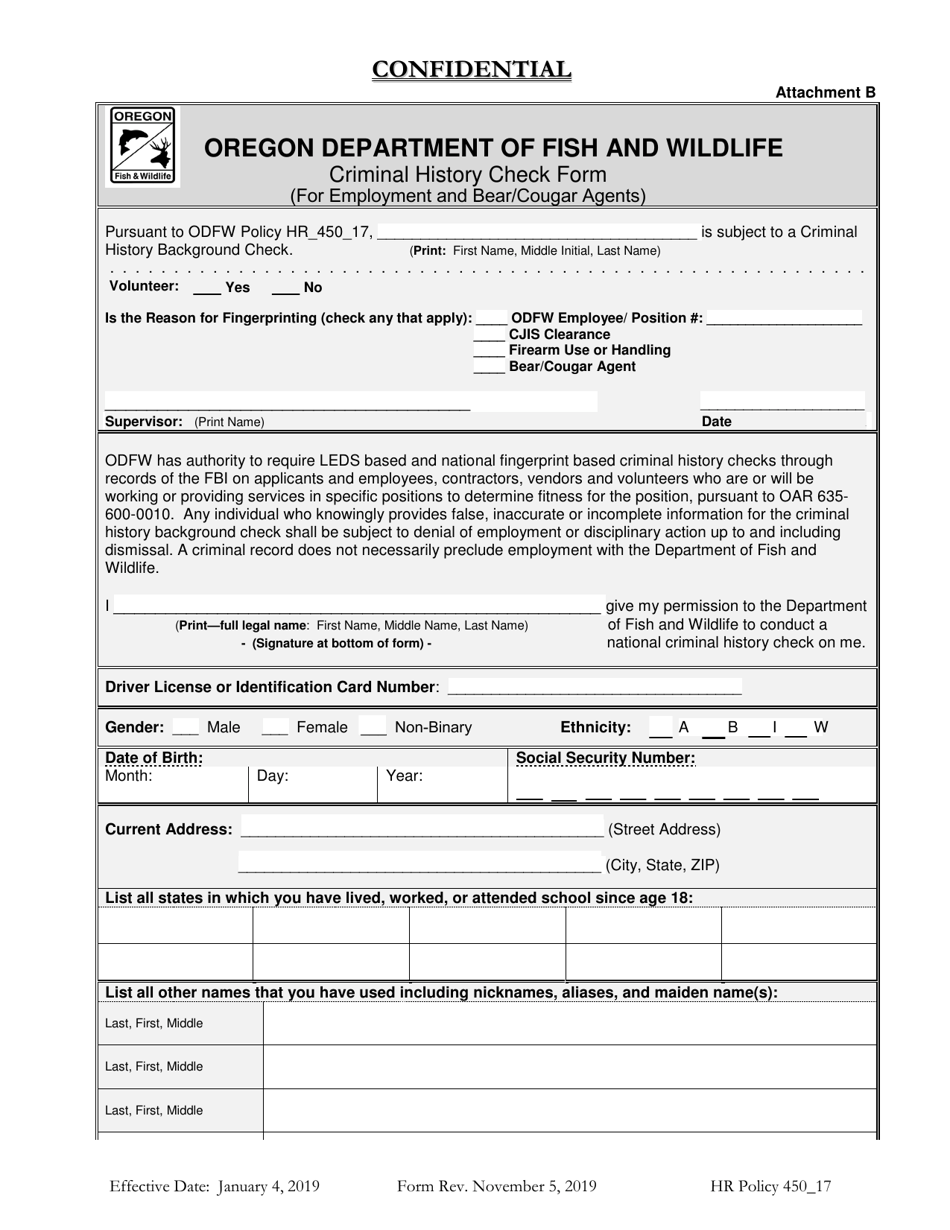 Attachment B Criminal History Check Form (For Employment and Bear / Cougar Agents) - Oregon, Page 1