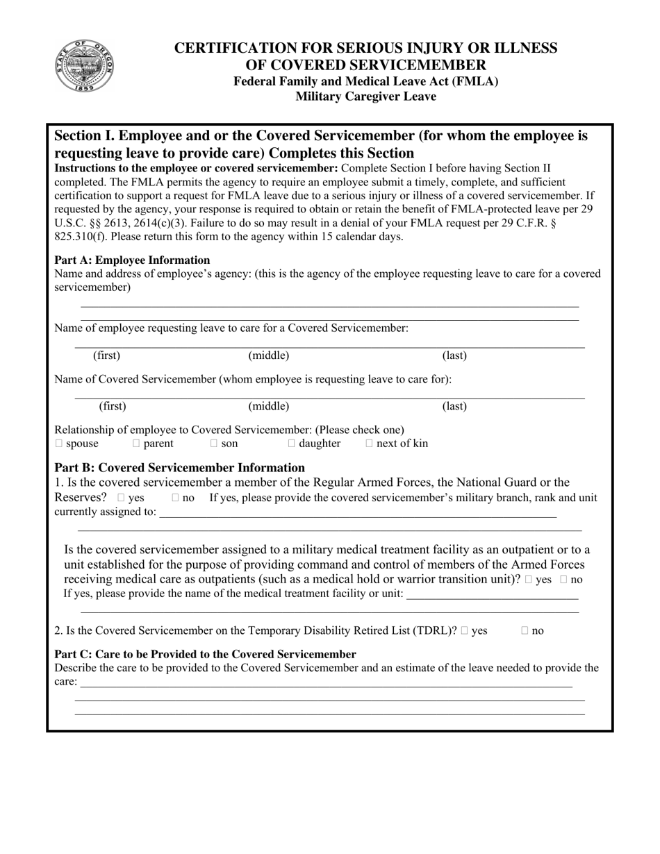 Form PD615B Certification for Serious Injury or Illness of Covered Servicemember - Oregon, Page 1