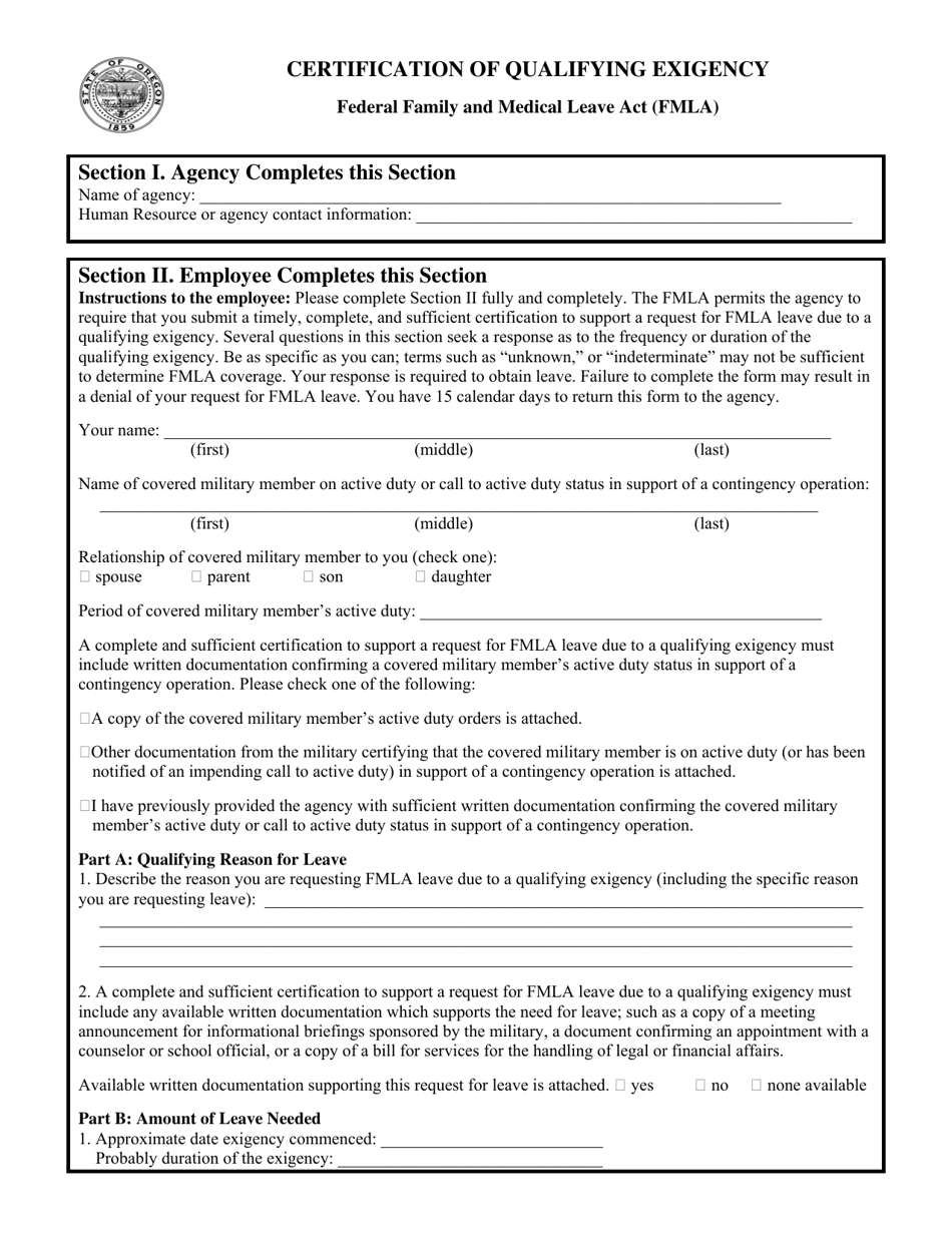 Form PD615C Certification of Qualifying Exigency - Oregon, Page 1