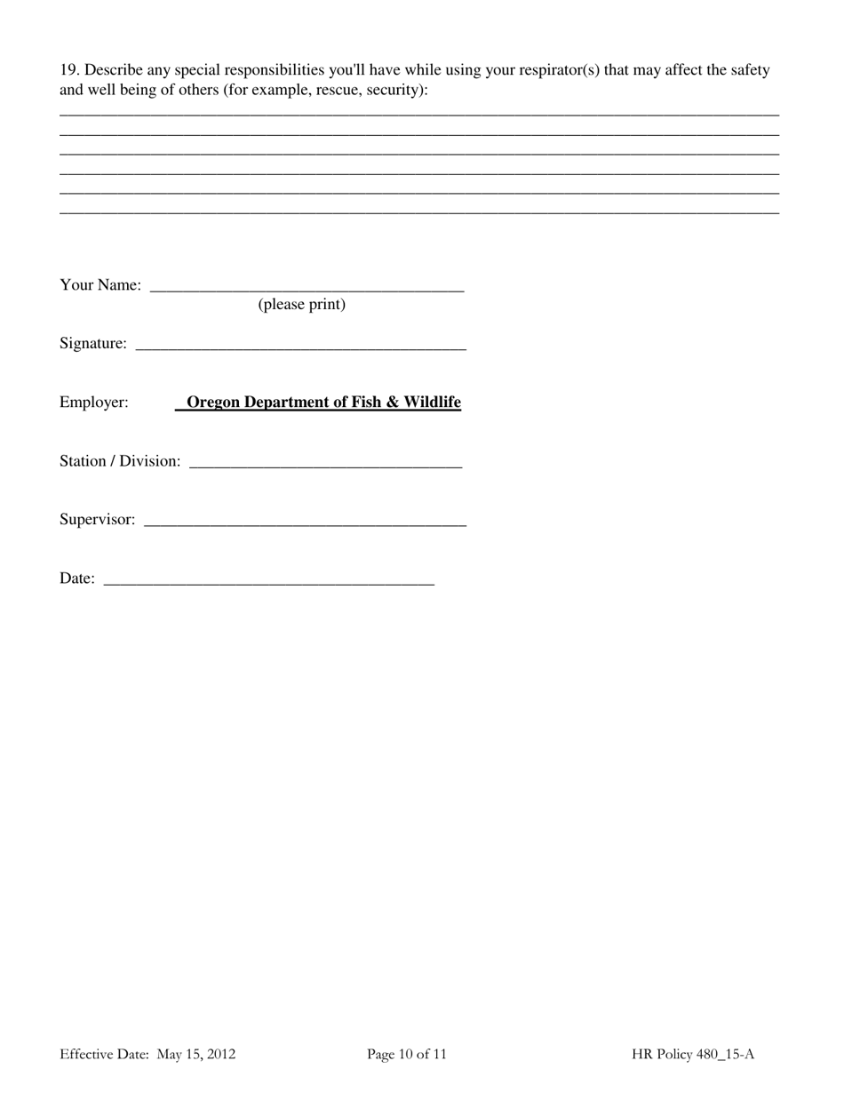 Attachment A Odfw Osha Respirator Medical Evaluation Questionnaire - Oregon, Page 10