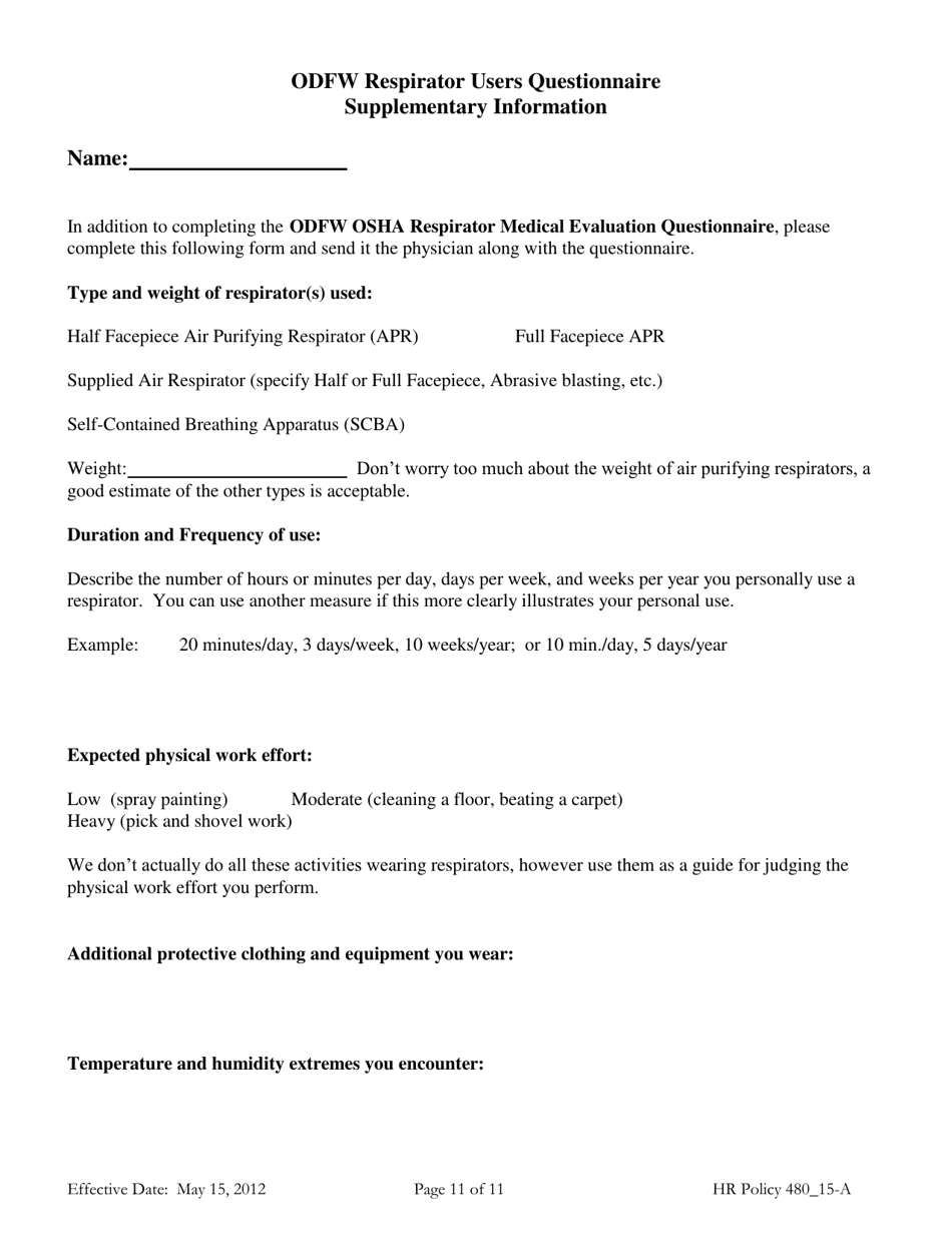 Attachment A Odfw Osha Respirator Medical Evaluation Questionnaire - Oregon, Page 11