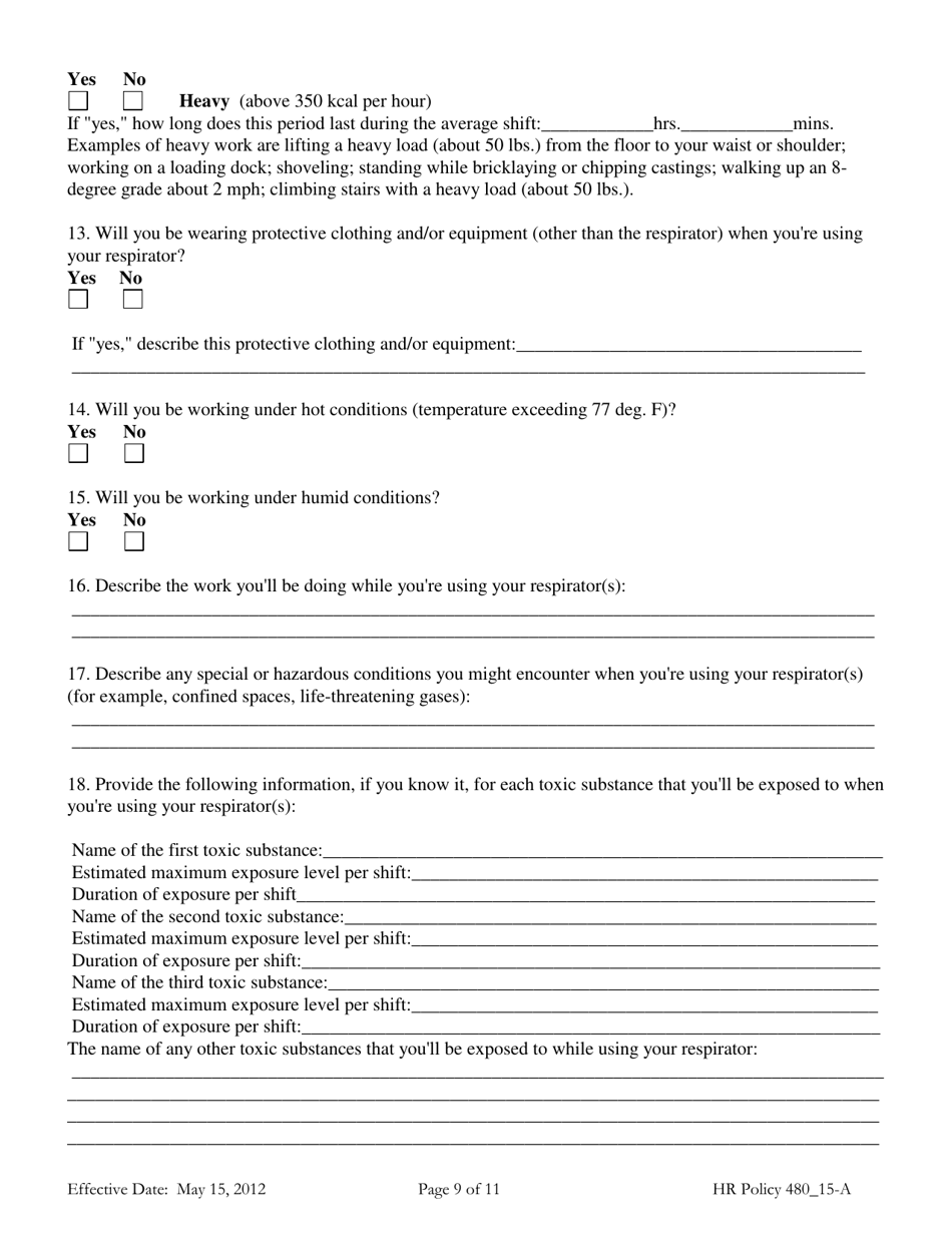 Attachment A Odfw Osha Respirator Medical Evaluation Questionnaire - Oregon, Page 9
