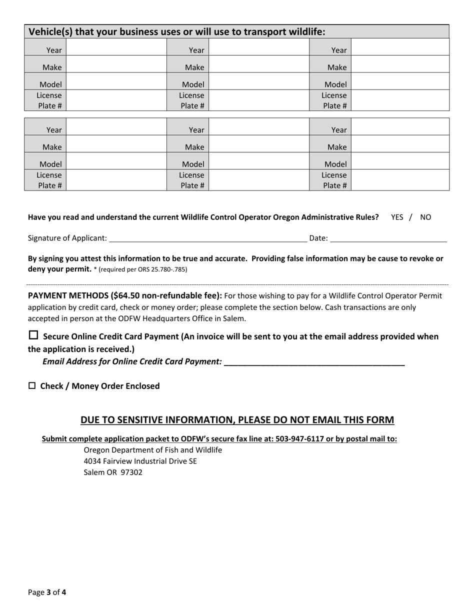 Wildlife Control Operator Permit Application - Oregon, Page 3