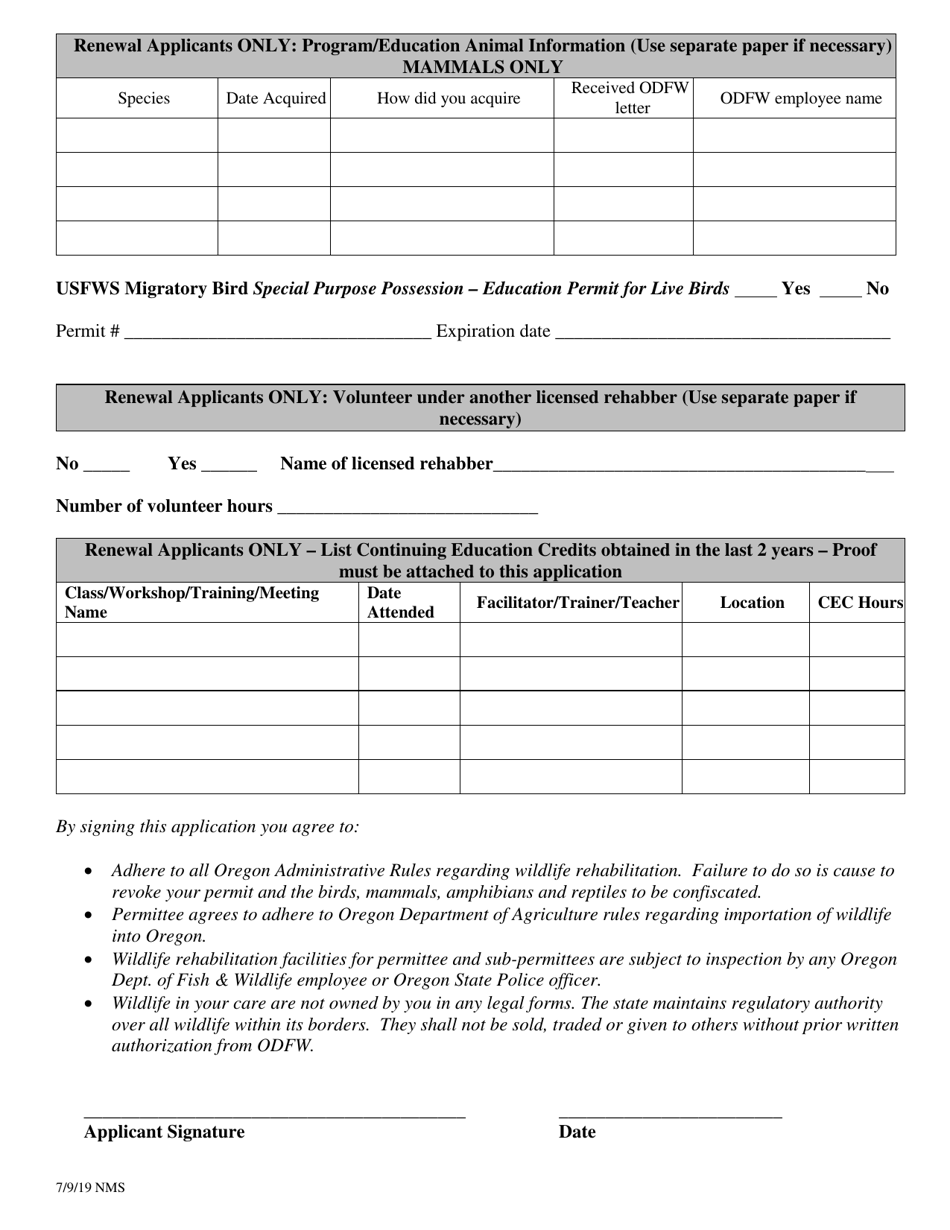 Wildlife Rehabilitation Permit Application - Oregon, Page 3