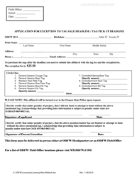 Document preview: Application for Exception to Tag Sale Deadline / Tag Pick up Deadline - Oregon