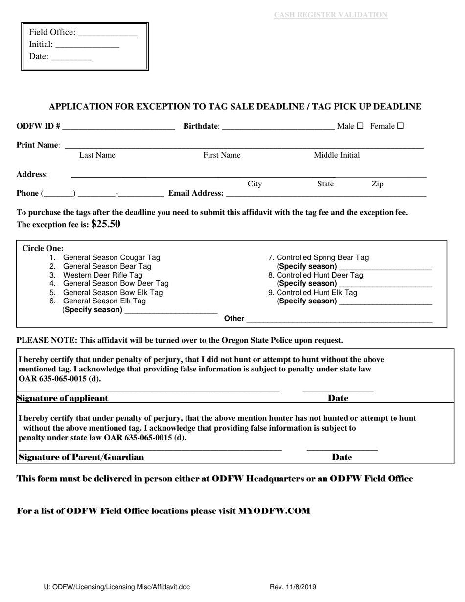 Application for Exception to Tag Sale Deadline / Tag Pick up Deadline - Oregon, Page 1