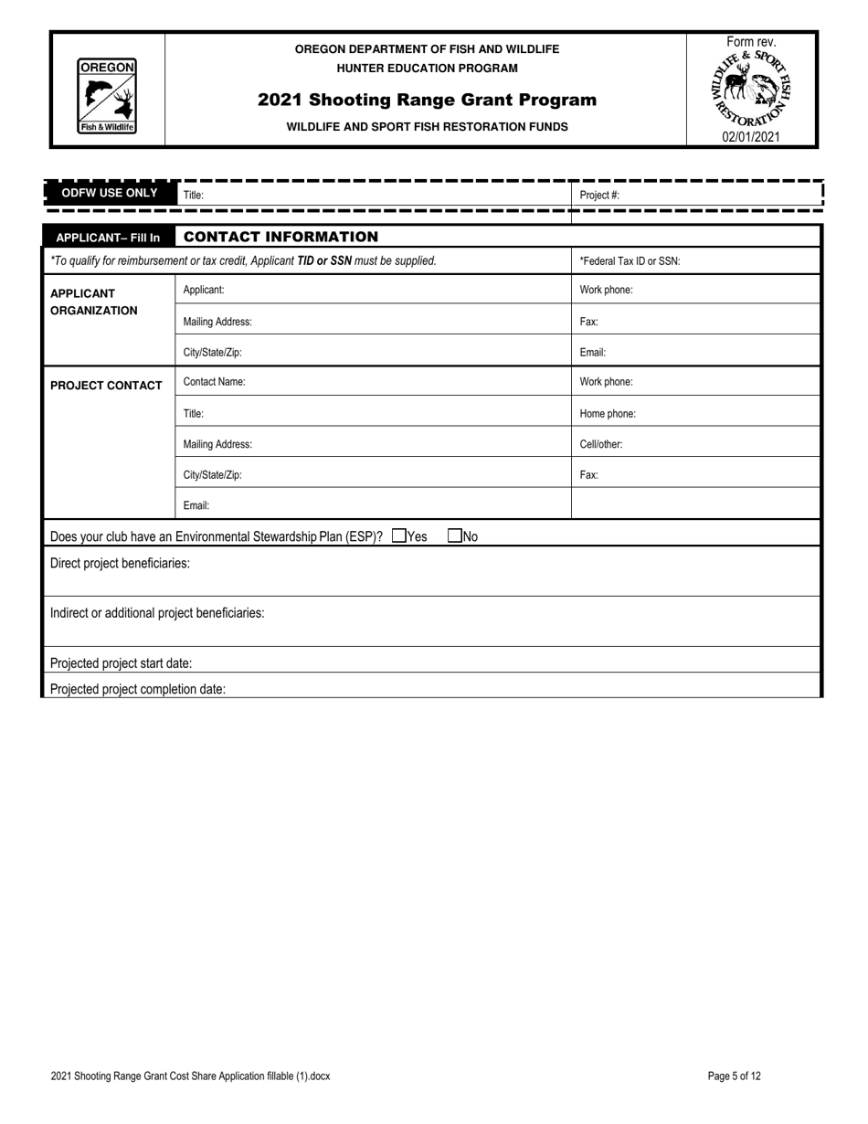 Shooting Range Grant Cost Share Application - Oregon, Page 5