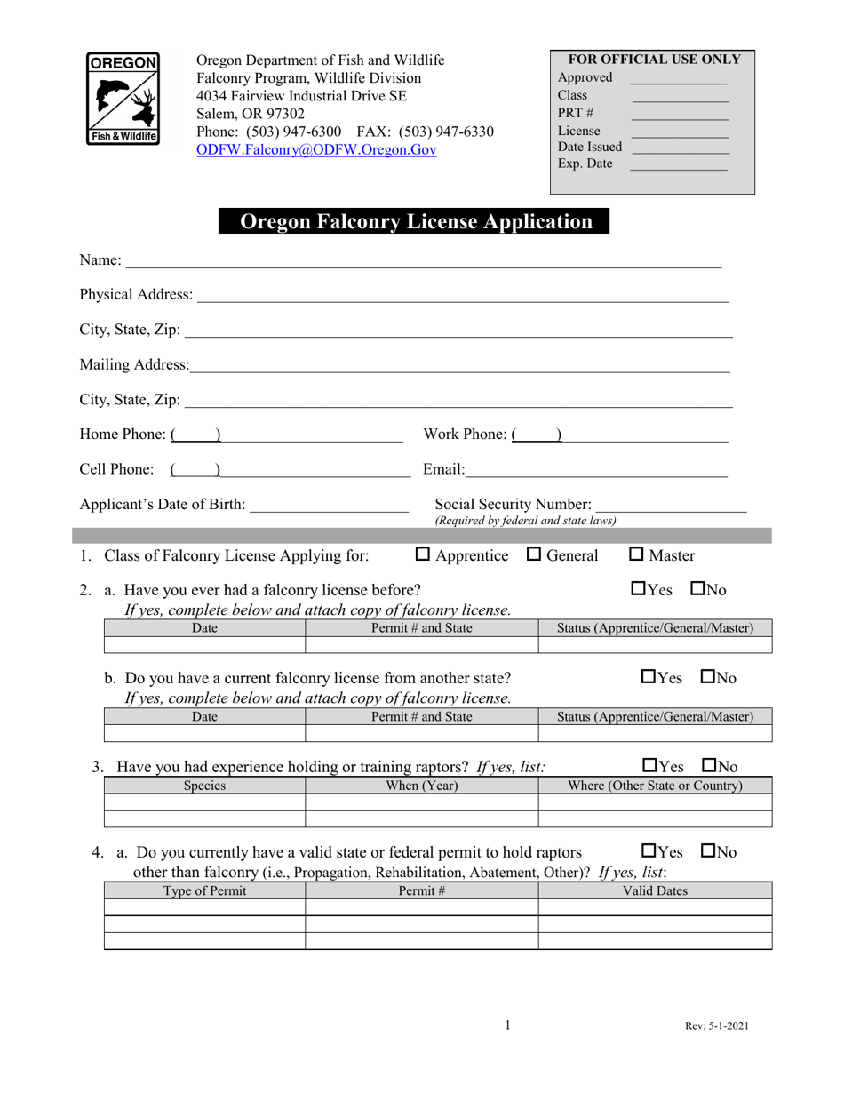 2021 Oregon Oregon Falconry License Application Fill Out, Sign Online