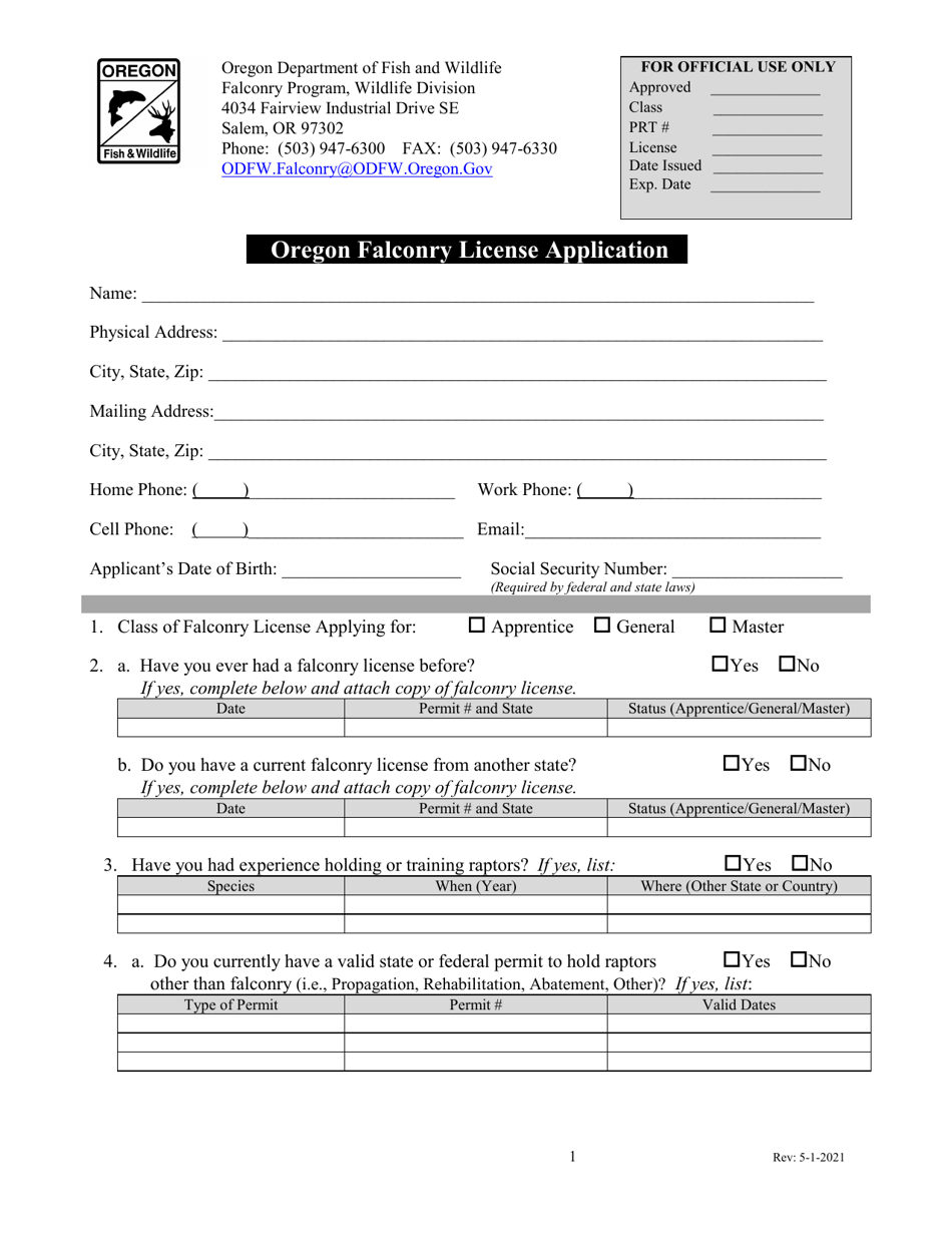 Oregon Falconry License Application - Oregon, Page 1