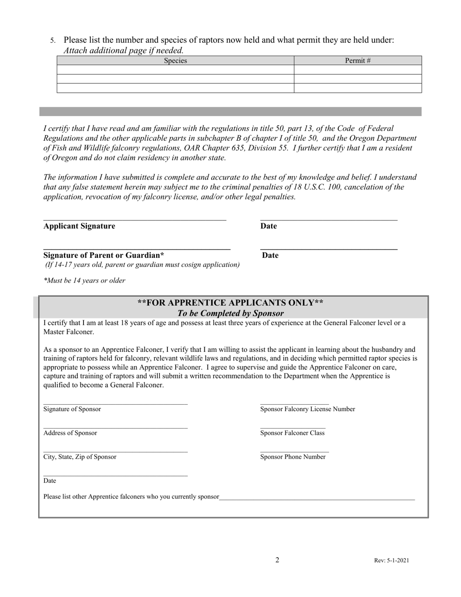 Oregon Falconry License Application - Oregon, Page 2