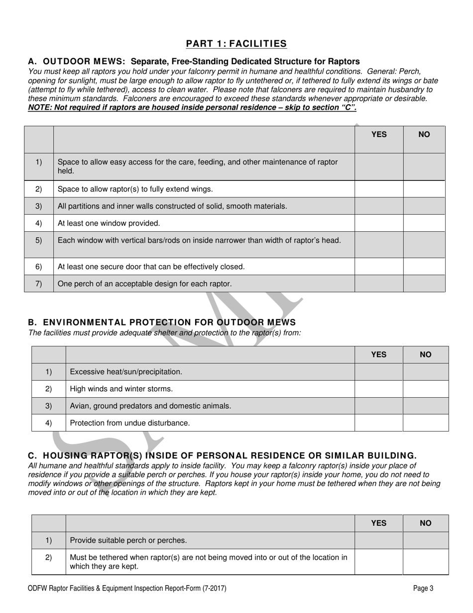 State Falconry Permit Application Raptor Facilities  Equipment Inspection Report - Sample - Oregon, Page 3