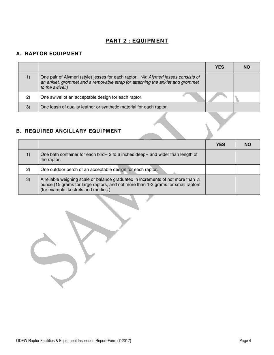 State Falconry Permit Application Raptor Facilities  Equipment Inspection Report - Sample - Oregon, Page 4