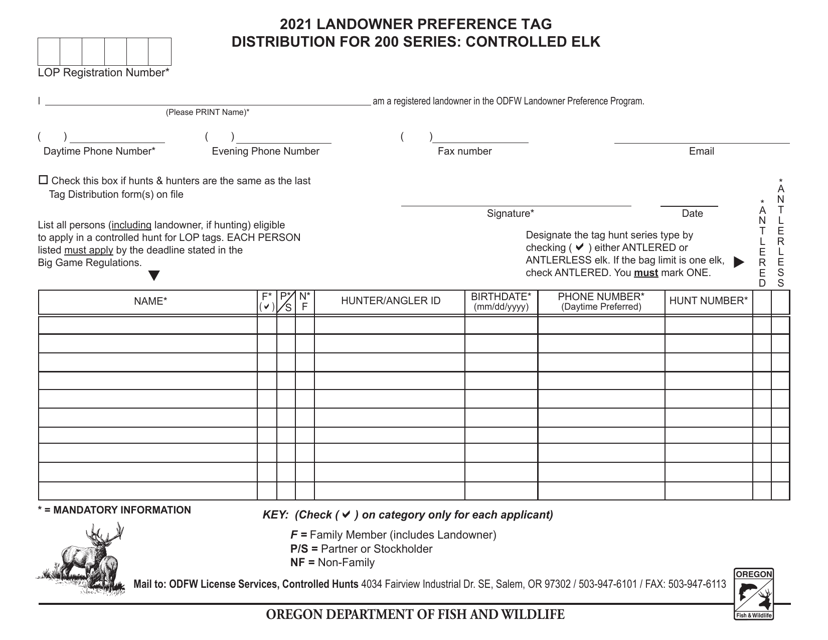 2021 Oregon Landowner Preference Tag Distribution for 200 Series Controlled Elk Fill Out