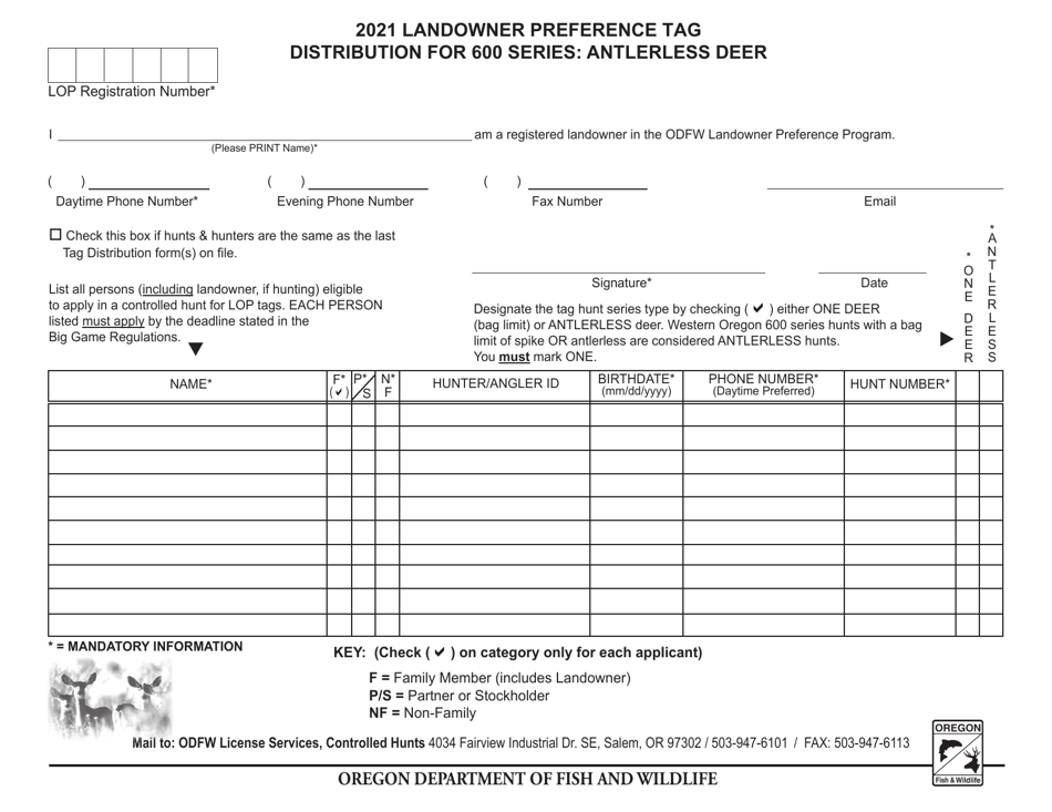 2021 Oregon Landowner Preference Tag Distribution for 600 Series