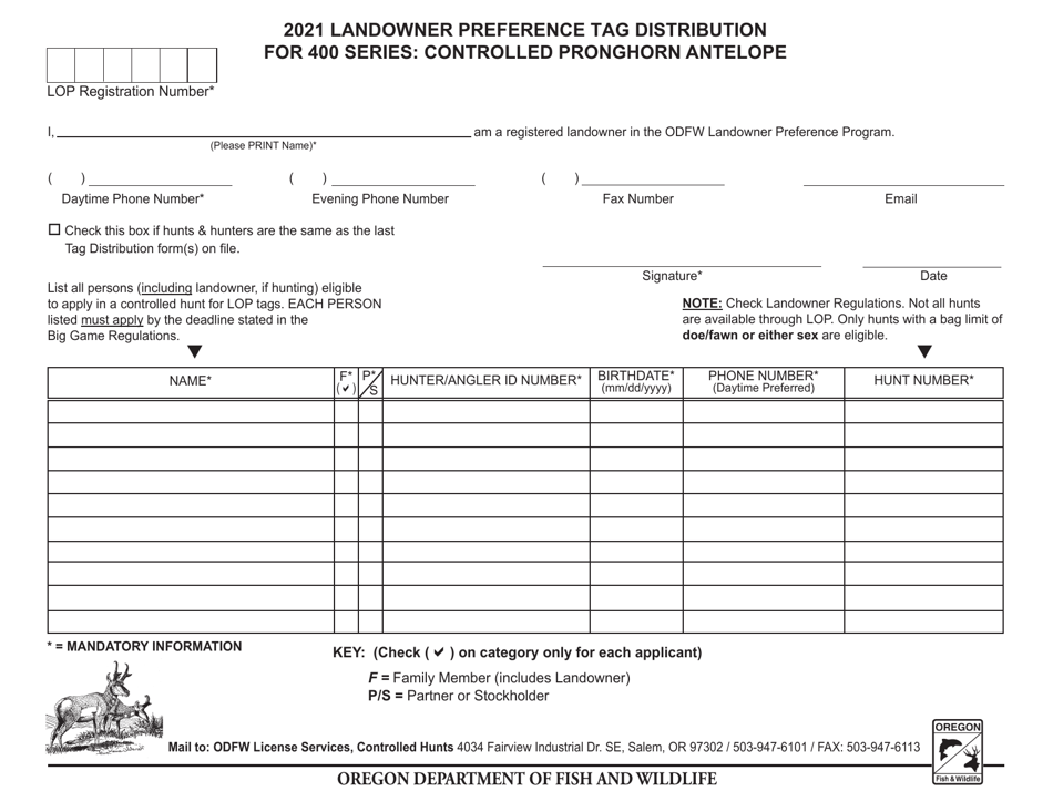 2021 Oregon Landowner Preference Tag Distribution for 400 Series