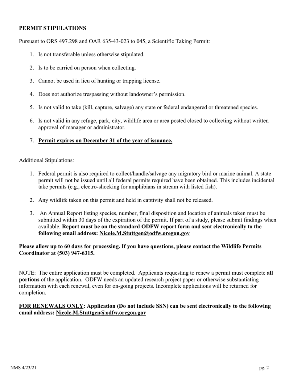 Scientific Taking Permit Application - K-12 - Birds, Mammals, Amphibians and Reptiles - Oregon, Page 2