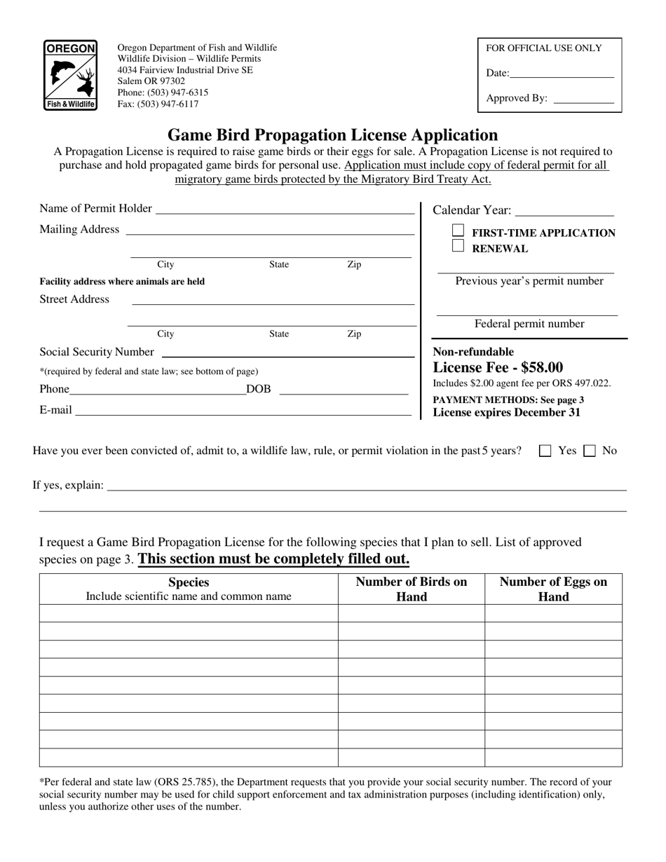 Oregon Game Bird Propagation License Application Fill Out, Sign